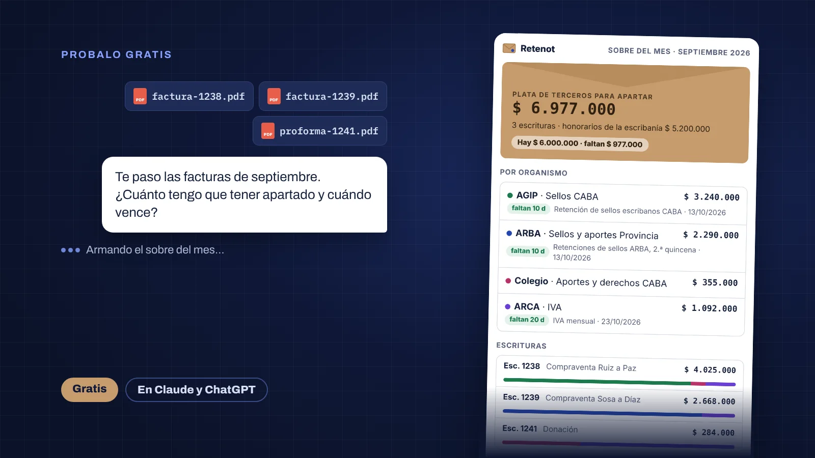 Tres facturas de escribanía en PDF entran a un chat y Retenot devuelve el sobre del mes: total a apartar, monto por organismo con días al vencimiento y detalle por escritura.